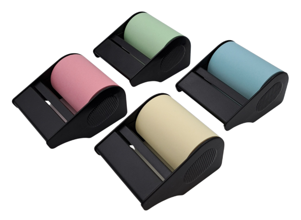 Haftnotizrolle pastellfarbig 60mm x 7m mit 26mm Pappkern im Halter schwarz
